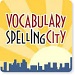 Sunset behind a city skyline with Vocabulary Spelling City written in the sky